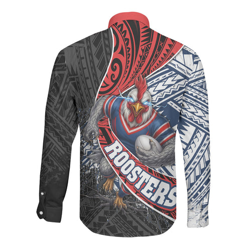 Sydney Roosters Rugby Mascot Long Sleeve Button Shirt Tribal Polynesian Power Art - Lightning Mascot
