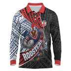 Sydney Roosters Rugby Mascot Long Sleeve Polo Shirt Tribal Polynesian Power Art - Lightning Mascot
