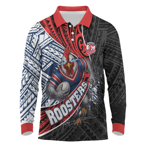 Sydney Roosters Rugby Mascot Long Sleeve Polo Shirt Tribal Polynesian Power Art - Lightning Mascot