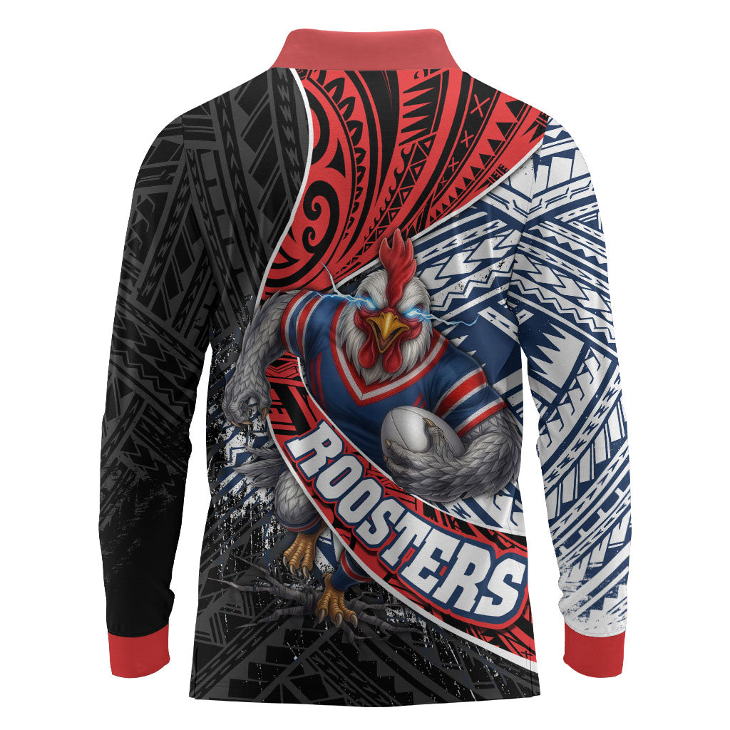 Sydney Roosters Rugby Mascot Long Sleeve Polo Shirt Tribal Polynesian Power Art - Lightning Mascot