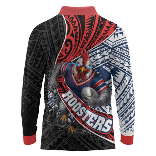 Sydney Roosters Rugby Mascot Long Sleeve Polo Shirt Tribal Polynesian Power Art - Lightning Mascot
