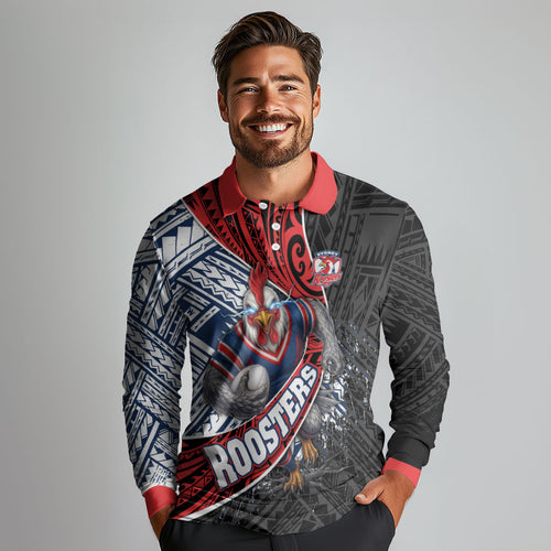 Sydney Roosters Rugby Mascot Long Sleeve Polo Shirt Tribal Polynesian Power Art - Lightning Mascot