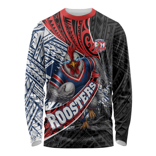 Sydney Roosters Rugby Mascot Long Sleeve Shirt Tribal Polynesian Power Art - Lightning Mascot