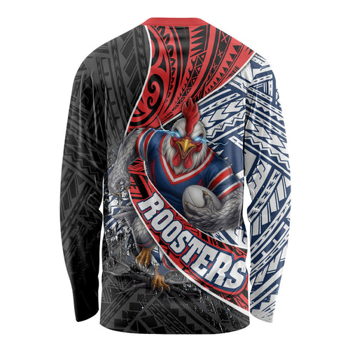 Sydney Roosters Rugby Mascot Long Sleeve Shirt Tribal Polynesian Power Art - Lightning Mascot