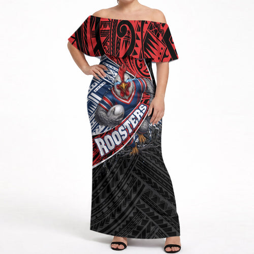 Sydney Roosters Rugby Mascot Off Shoulder Maxi Dress Tribal Polynesian Power Art - Lightning Mascot