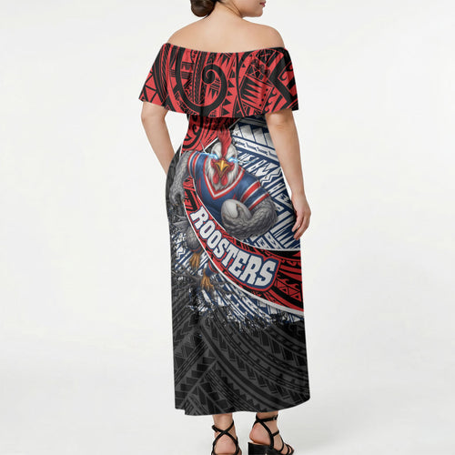Sydney Roosters Rugby Mascot Off Shoulder Maxi Dress Tribal Polynesian Power Art - Lightning Mascot