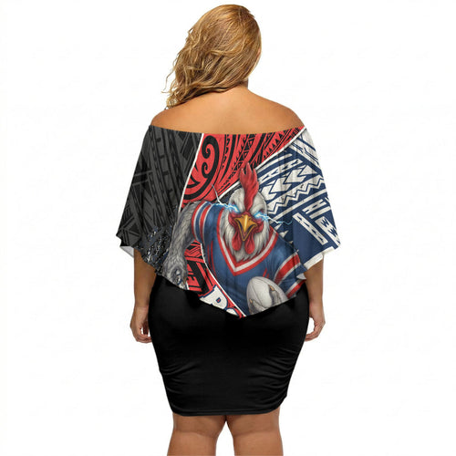 Sydney Roosters Rugby Mascot Off Shoulder Short Dress Tribal Polynesian Power Art - Lightning Mascot