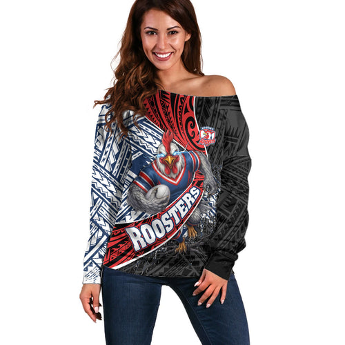 Sydney Roosters Rugby Mascot Off Shoulder Sweater Tribal Polynesian Power Art - Lightning Mascot