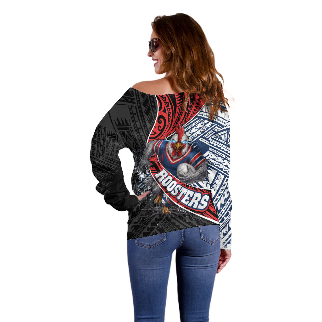Sydney Roosters Rugby Mascot Off Shoulder Sweater Tribal Polynesian Power Art - Lightning Mascot