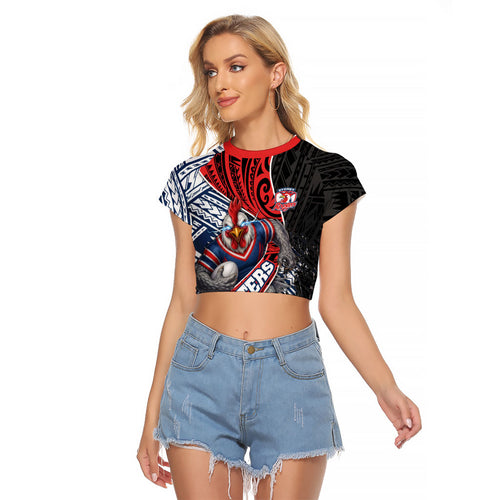Sydney Roosters Rugby Mascot Raglan Cropped T Shirt Tribal Polynesian Power Art - Lightning Mascot