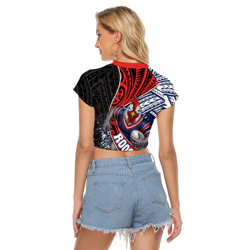 Sydney Roosters Rugby Mascot Raglan Cropped T Shirt Tribal Polynesian Power Art - Lightning Mascot
