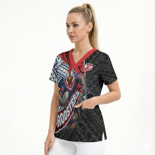 Sydney Roosters Rugby Mascot Scrub Top Tribal Polynesian Power Art - Lightning Mascot