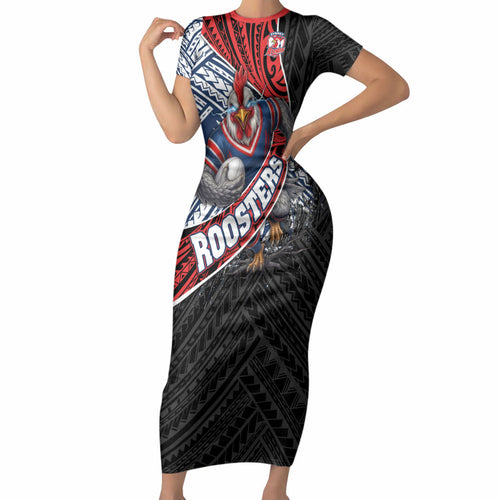 Sydney Roosters Rugby Mascot Short Sleeve Bodycon Dress Tribal Polynesian Power Art - Lightning Mascot