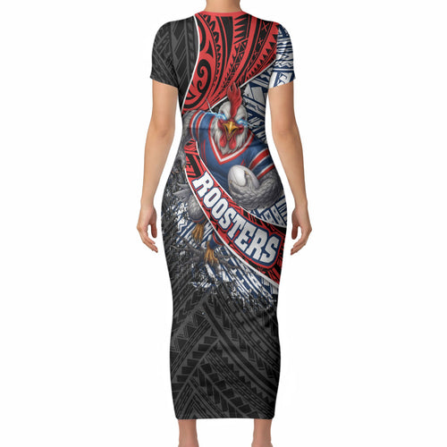 Sydney Roosters Rugby Mascot Short Sleeve Bodycon Dress Tribal Polynesian Power Art - Lightning Mascot