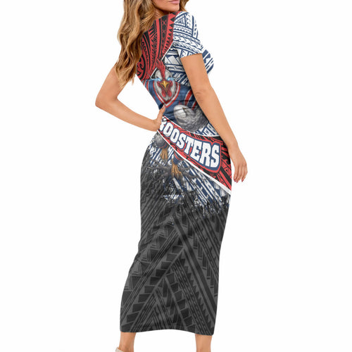 Sydney Roosters Rugby Mascot Short Sleeve Bodycon Dress Tribal Polynesian Power Art - Lightning Mascot