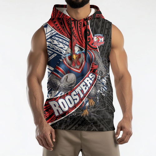 Sydney Roosters Rugby Mascot Sleeveless Hoodie Tribal Polynesian Power Art - Lightning Mascot