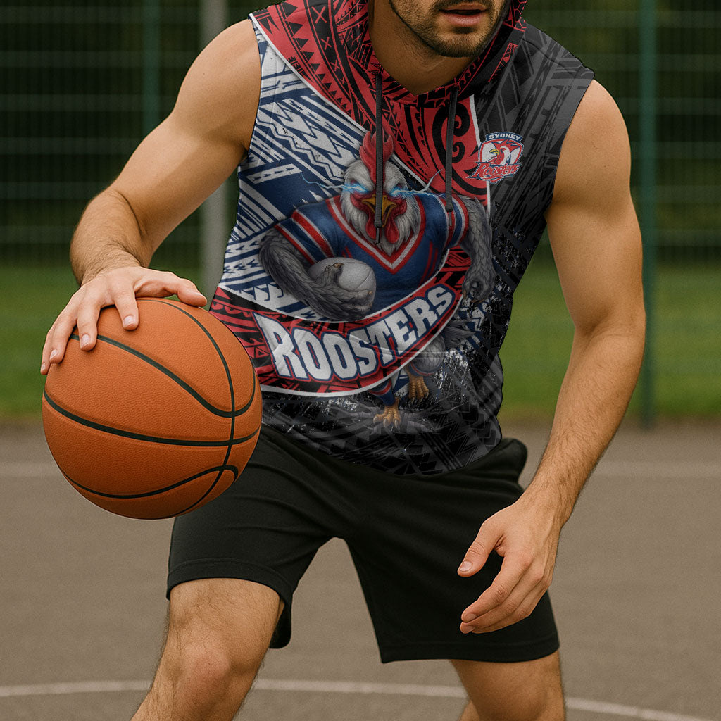 Sydney Roosters Rugby Mascot Sleeveless Hoodie Tribal Polynesian Power Art - Lightning Mascot