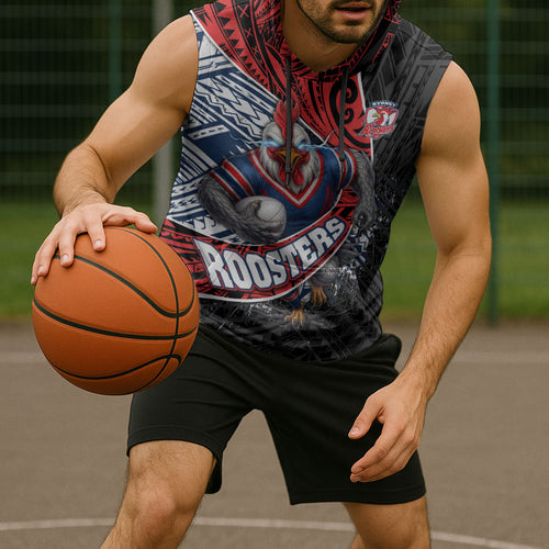 Sydney Roosters Rugby Mascot Sleeveless Hoodie Tribal Polynesian Power Art - Lightning Mascot