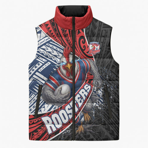 Sydney Roosters Rugby Mascot Sleeveless Puffer Jacket Tribal Polynesian Power Art - Lightning Mascot