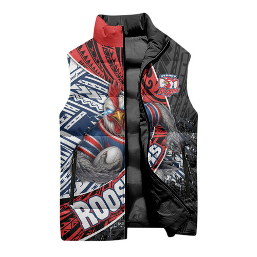 Sydney Roosters Rugby Mascot Sleeveless Puffer Jacket Tribal Polynesian Power Art - Lightning Mascot