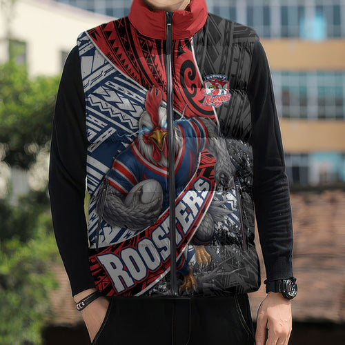 Sydney Roosters Rugby Mascot Sleeveless Puffer Jacket Tribal Polynesian Power Art - Lightning Mascot