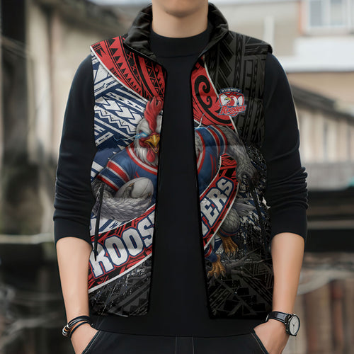 Sydney Roosters Rugby Mascot Sleeveless Puffer Jacket Tribal Polynesian Power Art - Lightning Mascot