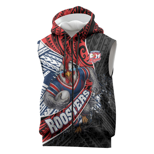 Sydney Roosters Rugby Mascot Sleeveless Zip Hoodie Tribal Polynesian Power Art - Lightning Mascot