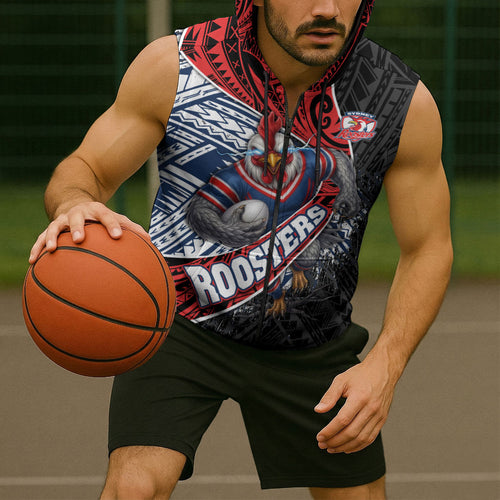 Sydney Roosters Rugby Mascot Sleeveless Zip Hoodie Tribal Polynesian Power Art - Lightning Mascot