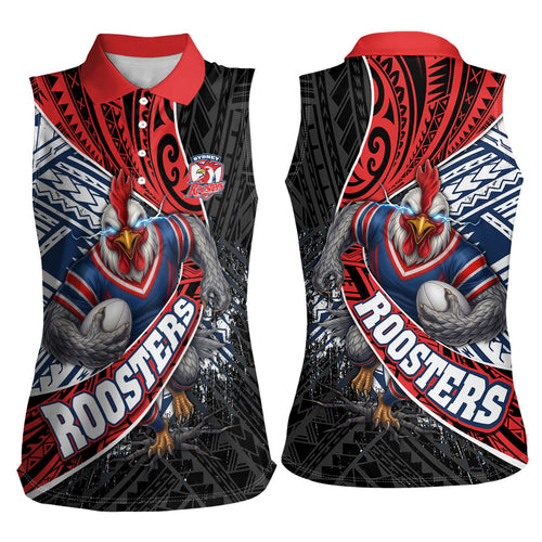 Sydney Roosters Rugby Mascot Women Sleeveless Polo Shirt Tribal Polynesian Power Art - Lightning Mascot