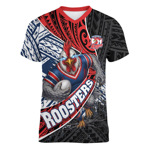 Sydney Roosters Rugby Mascot Women V-Neck T-Shirt Tribal Polynesian Power Art - Lightning Mascot