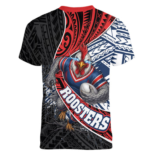 Sydney Roosters Rugby Mascot Women V-Neck T-Shirt Tribal Polynesian Power Art - Lightning Mascot