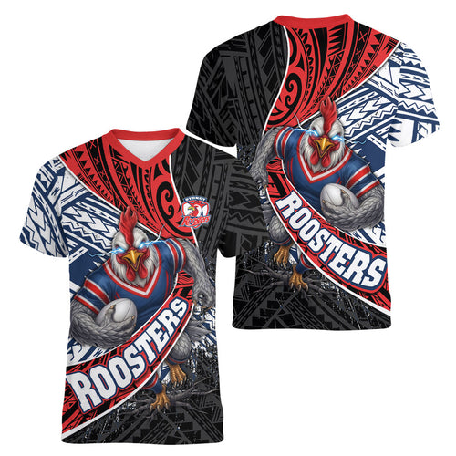 Sydney Roosters Rugby Mascot Women V-Neck T-Shirt Tribal Polynesian Power Art - Lightning Mascot