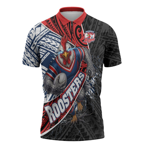 Sydney Roosters Rugby Mascot Zipper Polo Shirt Tribal Polynesian Power Art - Lightning Mascot