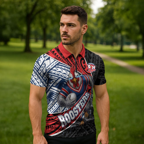Sydney Roosters Rugby Mascot Zipper Polo Shirt Tribal Polynesian Power Art - Lightning Mascot