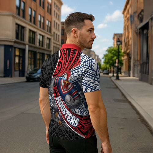 Sydney Roosters Rugby Mascot Zipper Polo Shirt Tribal Polynesian Power Art - Lightning Mascot