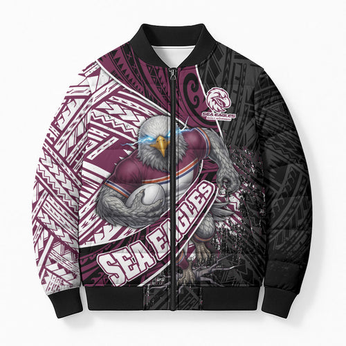 Manly Warringah Sea Eagles Rugby Mascot Bomber Puffer Jacket Tribal Polynesian Power Art - Lightning Mascot