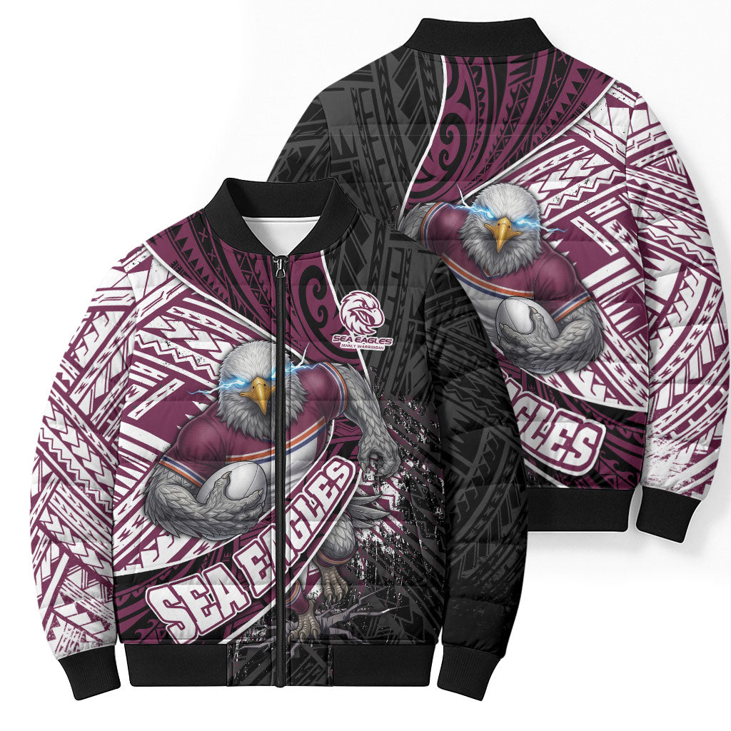 Manly Warringah Sea Eagles Rugby Mascot Bomber Puffer Jacket Tribal Polynesian Power Art - Lightning Mascot