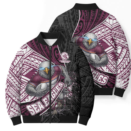 Manly Warringah Sea Eagles Rugby Mascot Bomber Puffer Jacket Tribal Polynesian Power Art - Lightning Mascot