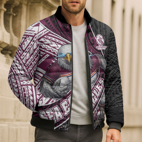 Manly Warringah Sea Eagles Rugby Mascot Bomber Puffer Jacket Tribal Polynesian Power Art - Lightning Mascot