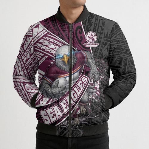 Manly Warringah Sea Eagles Rugby Mascot Bomber Puffer Jacket Tribal Polynesian Power Art - Lightning Mascot