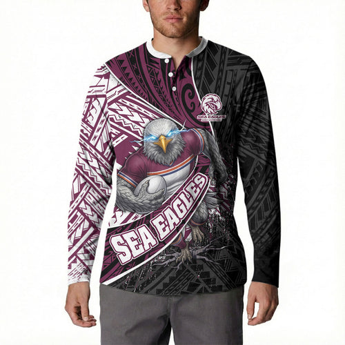 Manly Warringah Sea Eagles Rugby Mascot Button Sweatshirt Tribal Polynesian Power Art - Lightning Mascot