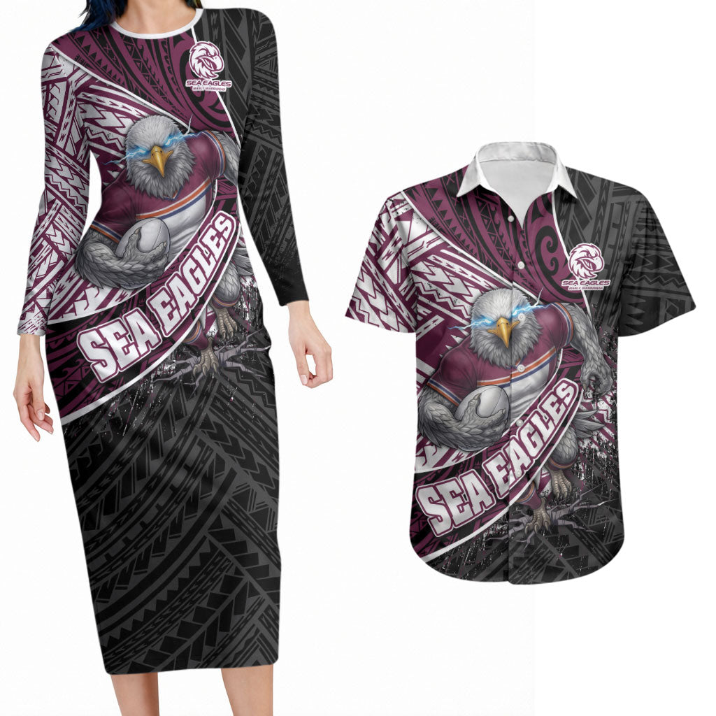 Manly Warringah Sea Eagles Rugby Mascot Couples Matching Long Sleeve Bodycon Dress and Hawaiian Shirt Tribal Polynesian Power Art - Lightning Mascot
