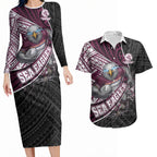 Manly Warringah Sea Eagles Rugby Mascot Couples Matching Long Sleeve Bodycon Dress and Hawaiian Shirt Tribal Polynesian Power Art - Lightning Mascot
