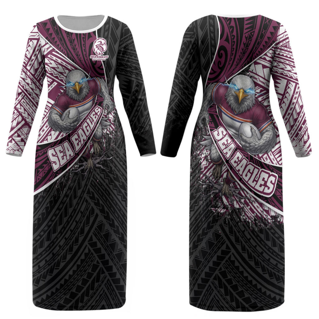 Manly Warringah Sea Eagles Rugby Mascot Couples Matching Long Sleeve Bodycon Dress and Hawaiian Shirt Tribal Polynesian Power Art - Lightning Mascot