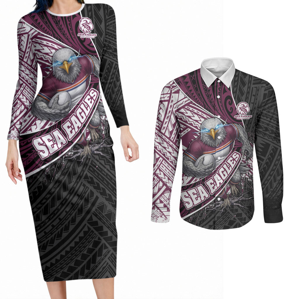 Manly Warringah Sea Eagles Rugby Mascot Couples Matching Long Sleeve Bodycon Dress and Long Sleeve Button Shirt Tribal Polynesian Power Art - Lightning Mascot