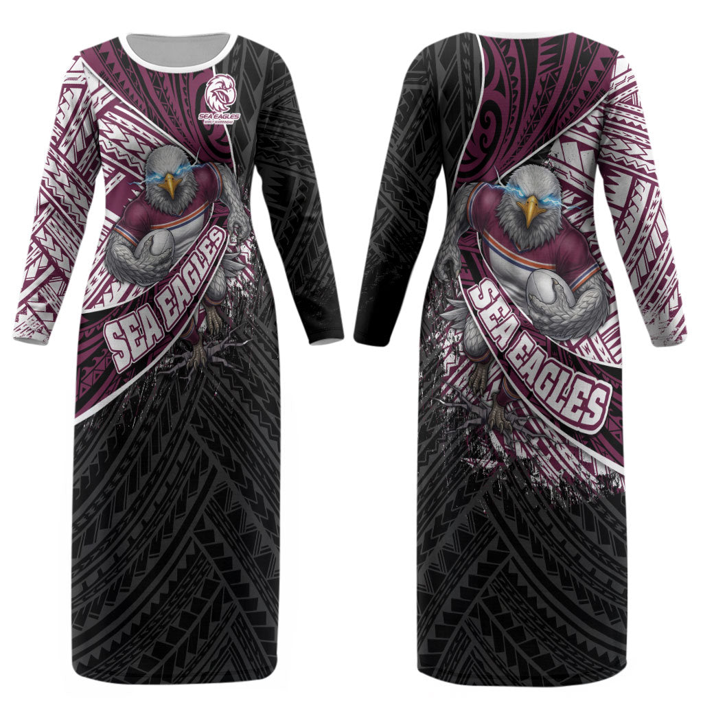 Manly Warringah Sea Eagles Rugby Mascot Couples Matching Long Sleeve Bodycon Dress and Long Sleeve Button Shirt Tribal Polynesian Power Art - Lightning Mascot