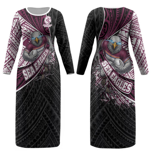 Manly Warringah Sea Eagles Rugby Mascot Couples Matching Long Sleeve Bodycon Dress and Long Sleeve Button Shirt Tribal Polynesian Power Art - Lightning Mascot