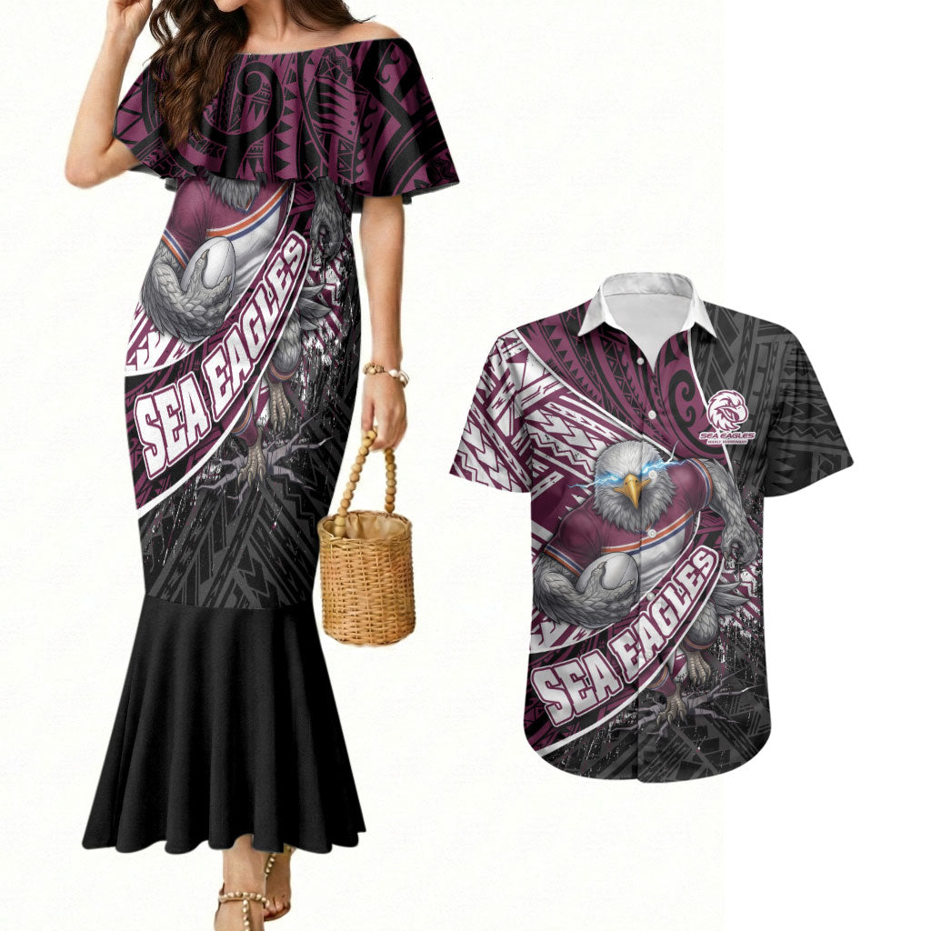Manly Warringah Sea Eagles Rugby Mascot Couples Matching Mermaid Dress and Hawaiian Shirt Tribal Polynesian Power Art - Lightning Mascot