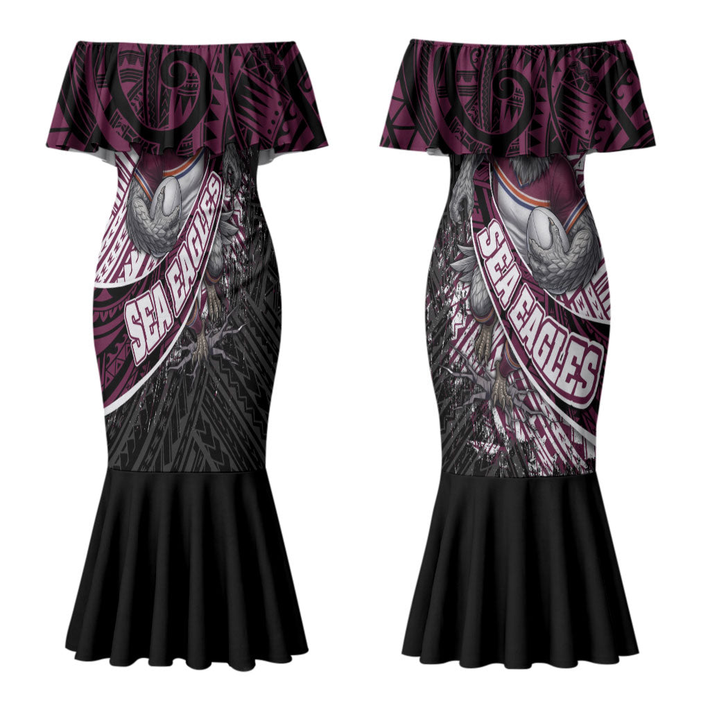 Manly Warringah Sea Eagles Rugby Mascot Couples Matching Mermaid Dress and Long Sleeve Button Shirt Tribal Polynesian Power Art - Lightning Mascot