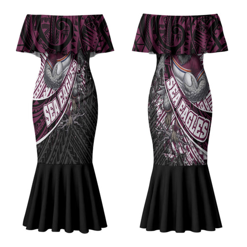 Manly Warringah Sea Eagles Rugby Mascot Couples Matching Mermaid Dress and Long Sleeve Button Shirt Tribal Polynesian Power Art - Lightning Mascot